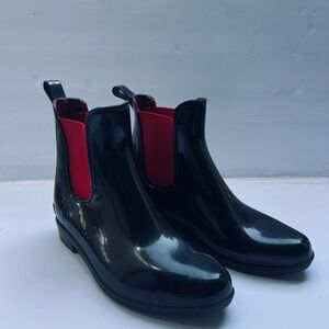 RAIN BOOTS SIZE 5 Ralph Lauren Tally-Bo-Rai Black & Red W/Elastic Ankle